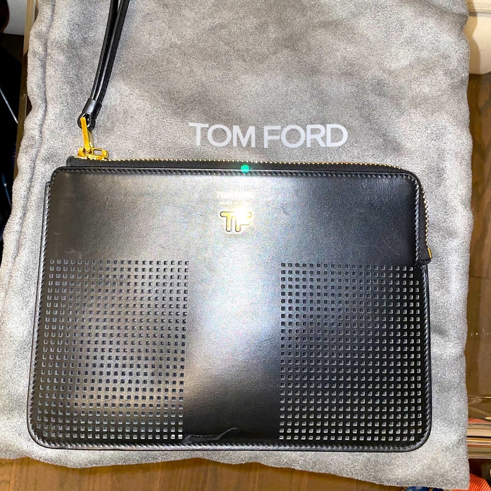 Black perforated leather Tom Ford T clutch